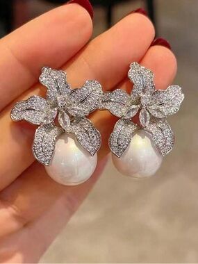 Celestia  Silver Pearl Orchid Stud Earrings